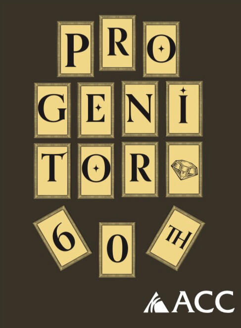 The back cover of Progenitor's 60th Volume. The back cover features tarot-style cards on a dark background, spelling “PROGENITOR 60TH,” with one diamond card and the ACC logo below.