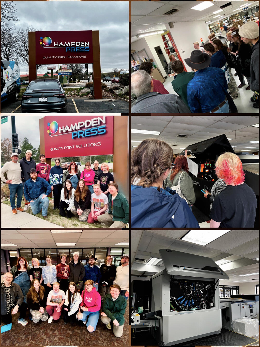 Progenitor V. 60 Team Tour Hampden Press The Progenitor team tour Hampden Press, viewing printing machines and gathering for group photos outside and inside the facility. The visit showcases printing technology and company signage.